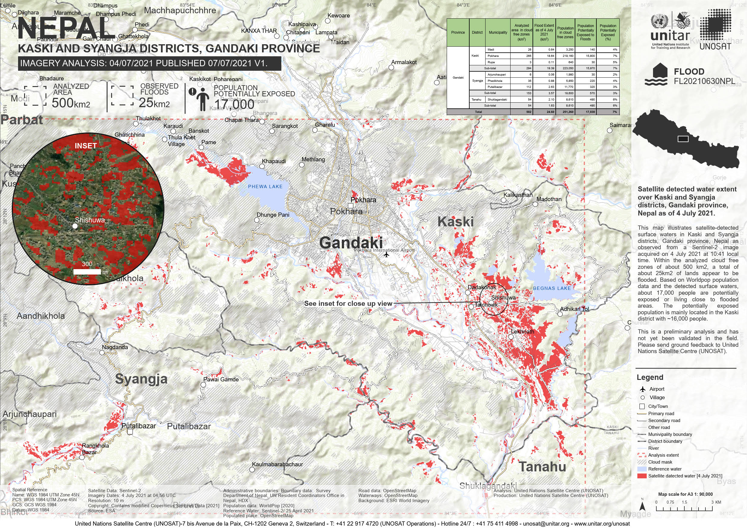Satellite Detected Water Extent Over Kaski And Syangja Districts, Gandaki Province, Nepal As Of 4 July 2021