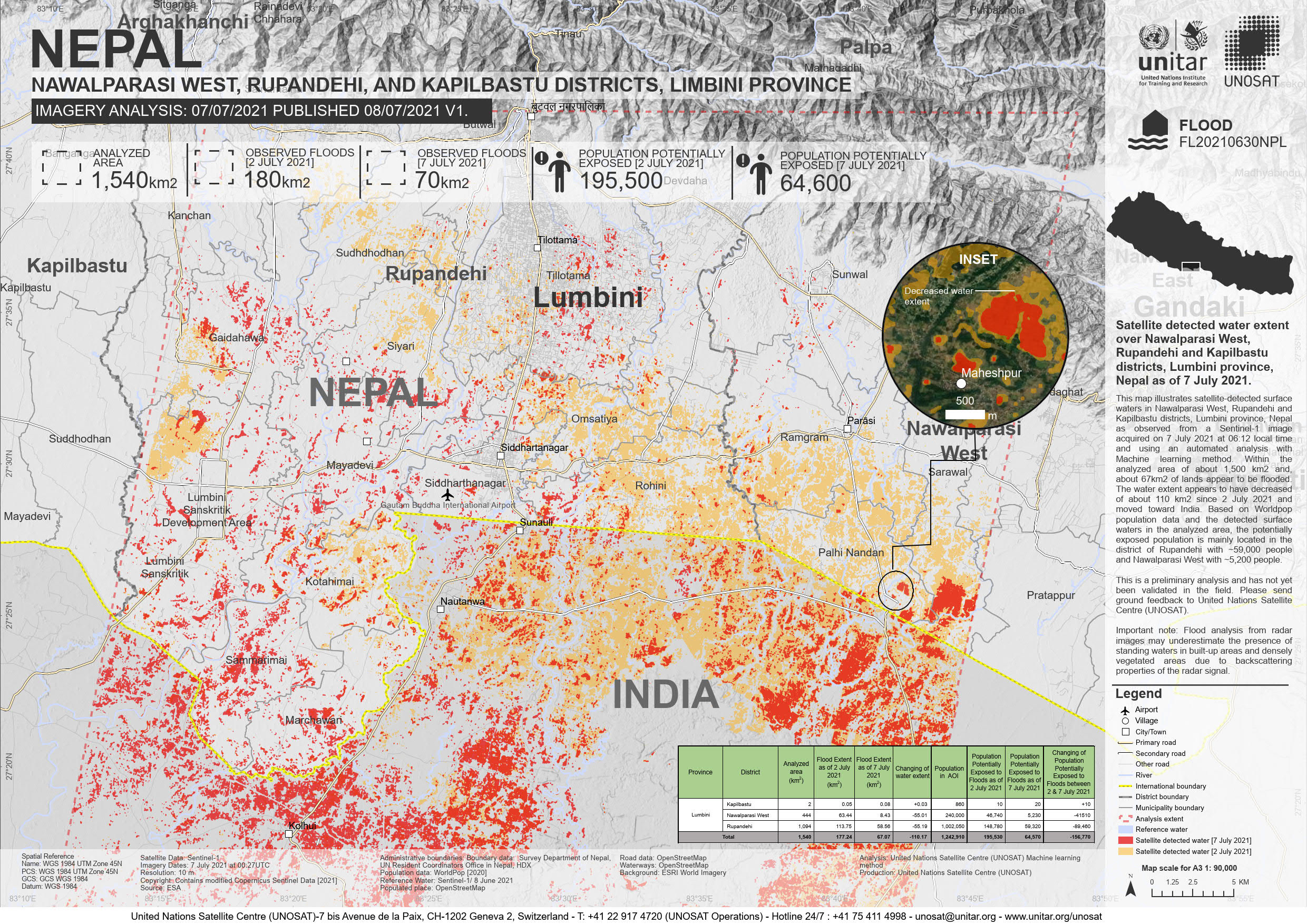 Satellite Detected Water Extent Over Nawalparasi West, Rupandehi And Kapilbastu Districts, Nepal As Of 7 July 2021