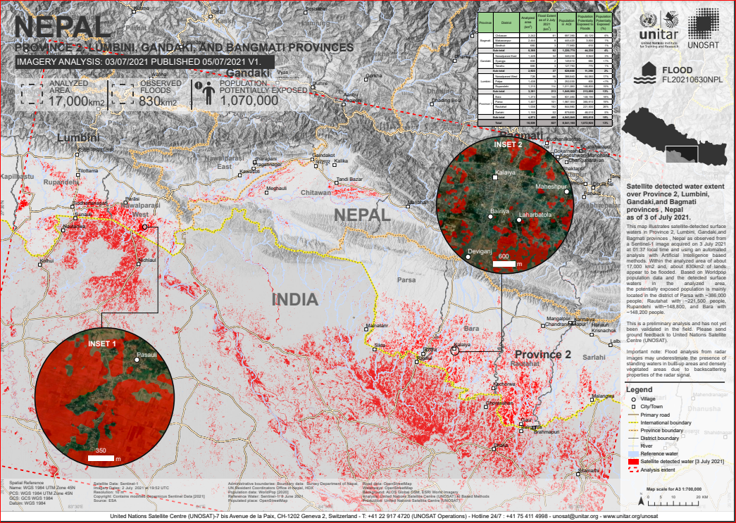 SATELLITE DETECTED WATER EXTENT OVER PROVINCE 2, LUMBINI, GANDAKI,AND BAGMATI PROVINCES , NEPAL AS OF 3 OF JULY 2021