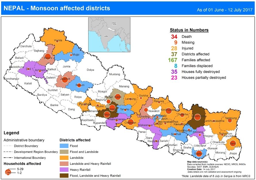 This map shows the status of death, missing, injured, district affected and household destroyed from flood and landslide.