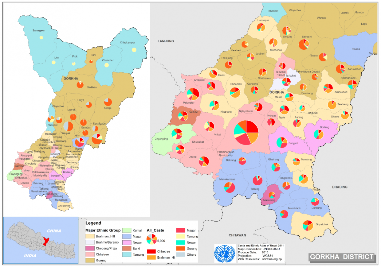 This map presents major caste group and it's composition based on CBS 2011 data of Gorkha.