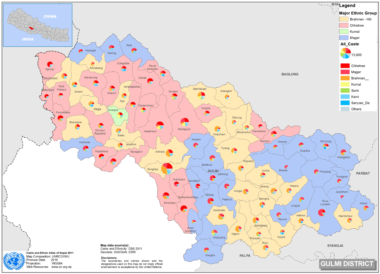 This map presents major caste group and it's composition based on CBS 2011 data of Gulmi.