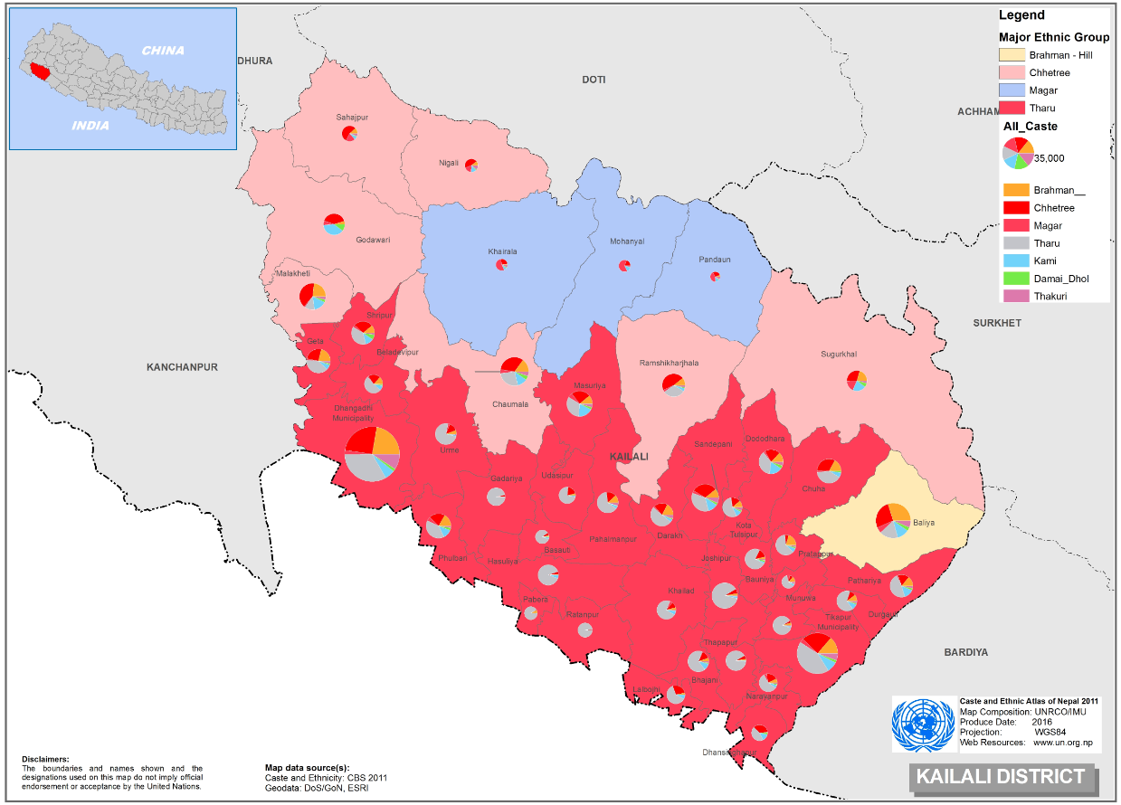 This map presents major caste group and it's composition based on CBS 2011 data of Kailali.