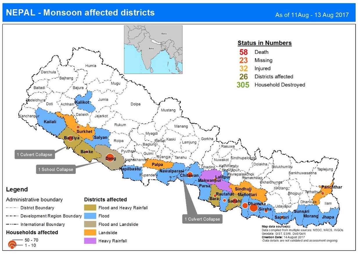 This map shows the status of death, missing, injured, district affected and household destroyed from flood and landslide.