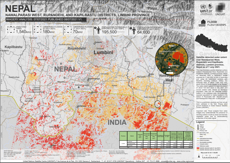This map shows satellite-detected surface waters in red polygons in Nawalparasi West, Rupandehi and Kapilbastu districts, Lumbini province, Nepal 