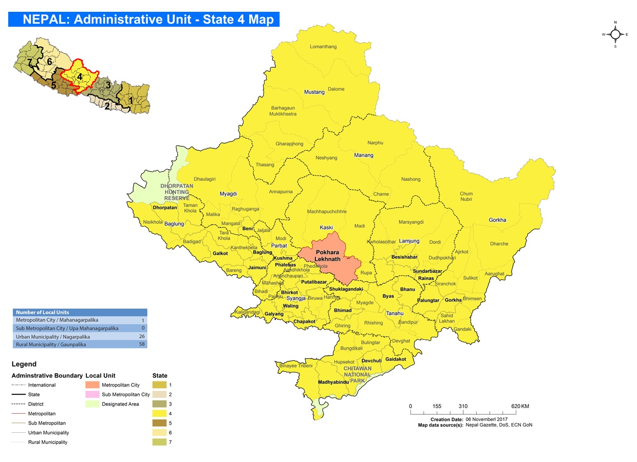 This State 4 map shows Gandaki Province local units boundaries and designated area