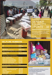 This image in the cover page shows the Relief distribution of food and non-food items in Jagannath Rural Municipality, Bajura by Feminist Dalit Organization (FEDO) with support from UN Women.