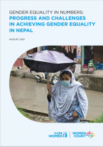 This image shows a women with umbrella which is cover page of Gender Equality in Numbers: Progress and Challenges  in Achieving Gender Equality  in Nepal report